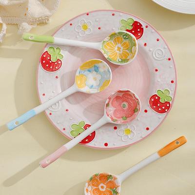 Kawaii Çiçek Seramik Çorba Kaşığı Sevimli Kore Dondurma El Boyalı Kahve Tatlı Uzun Saplı Kaşık Mutfak Aksesuarları