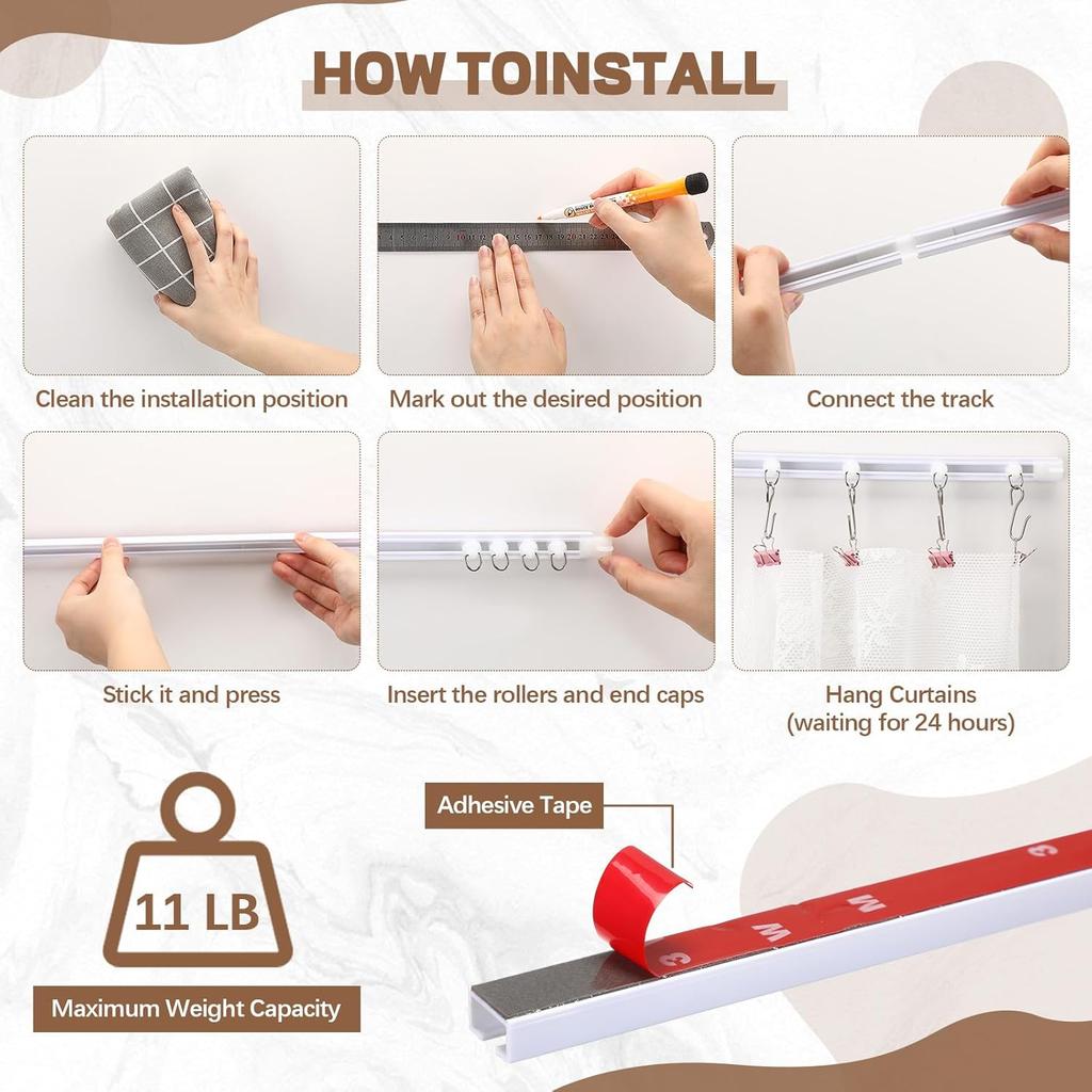 20 FT/240 IN Self Adhesive Ceiling Curtain Track Rail No Drill Rod Screws or Tools No Damage for Windows Cabinet Closet Bathroom Shower Curtain Room