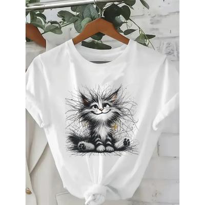 Art Kawaii Fuzzy Cat Short Sleeve T-Shirt Graphic Print Design Round Neck Tee Clothing T Shirt