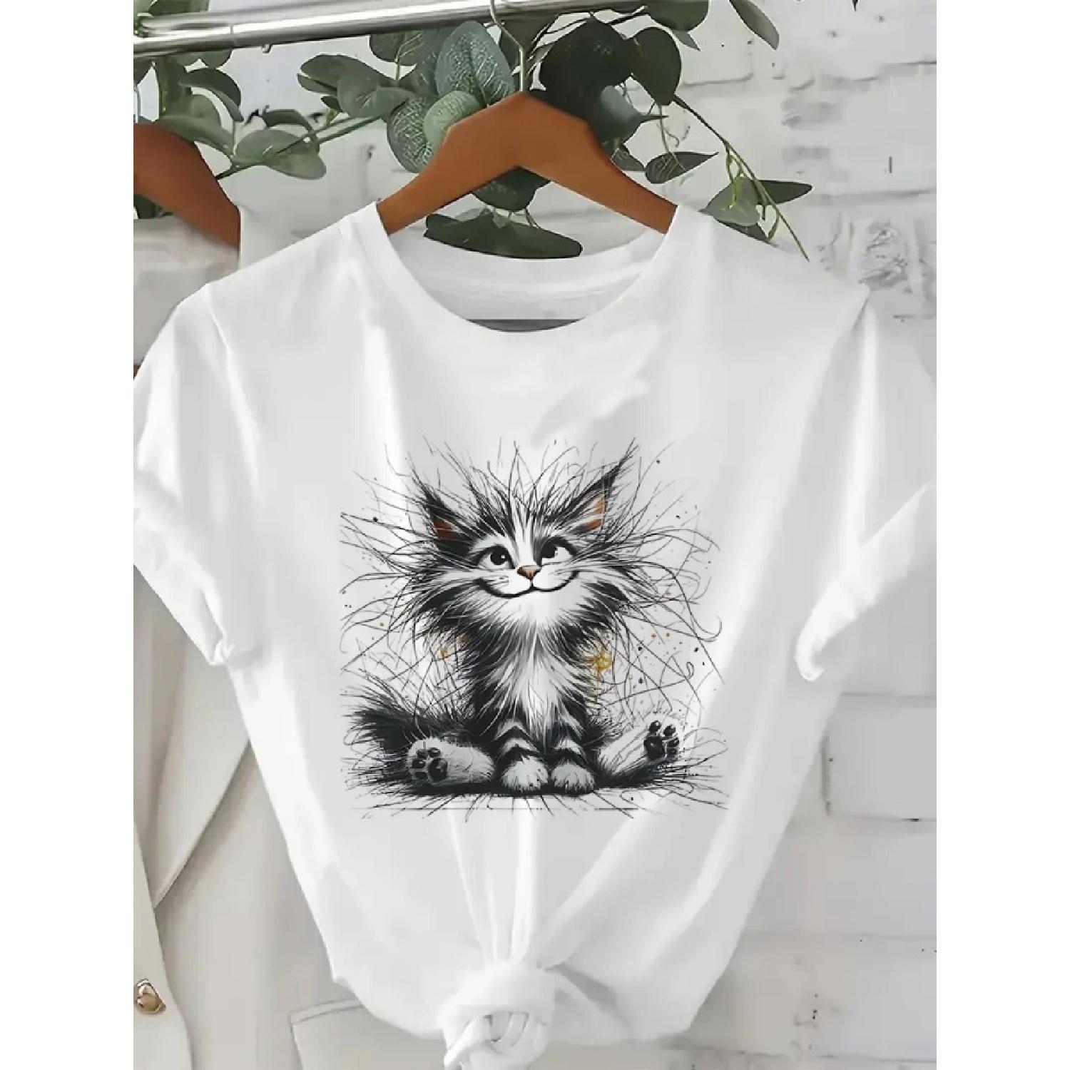 

Art Kawaii Fuzzy Cat Short Sleeve T-Shirt Graphic Print Design Round Neck Tee Clothing T Shirt XXXXXL білий