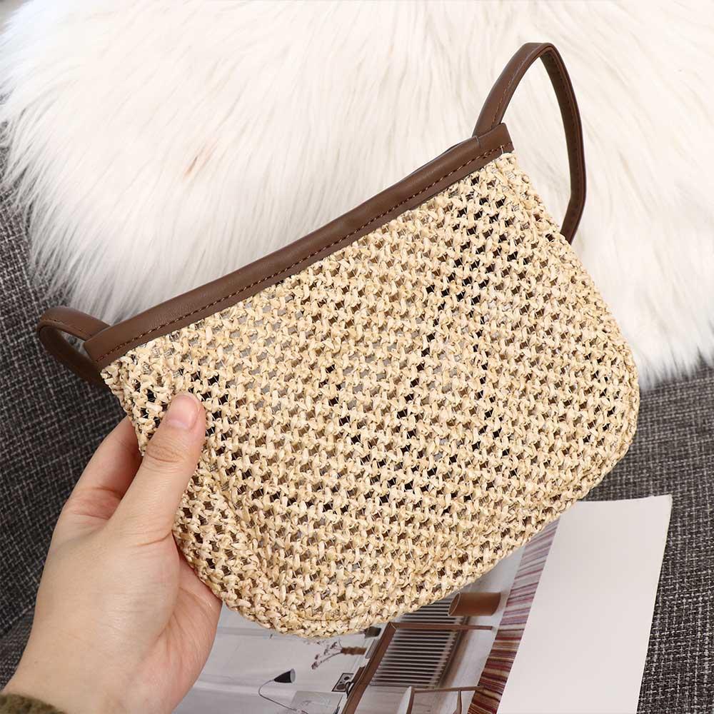 Hollow Out Raffia Bag Pu Leather Weave Straw Crossbody Bag Casual Girls
