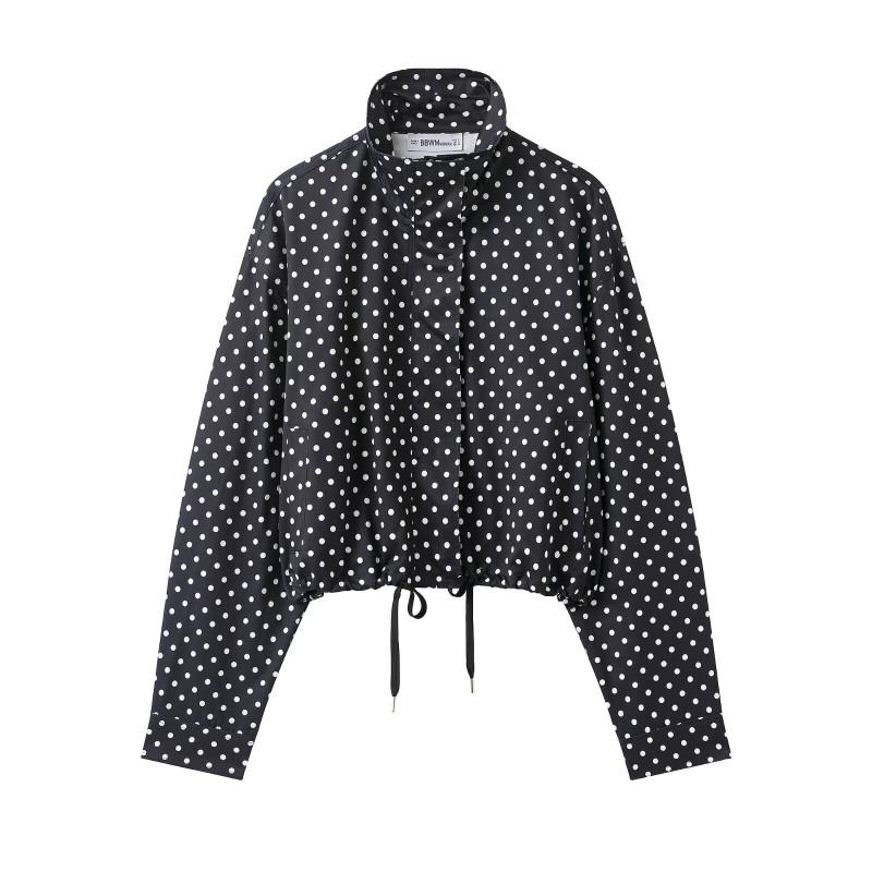 Womens Stand Collar Long Sleeve Colorblock Polka Dot Drawstring Jacket Short Outerwear