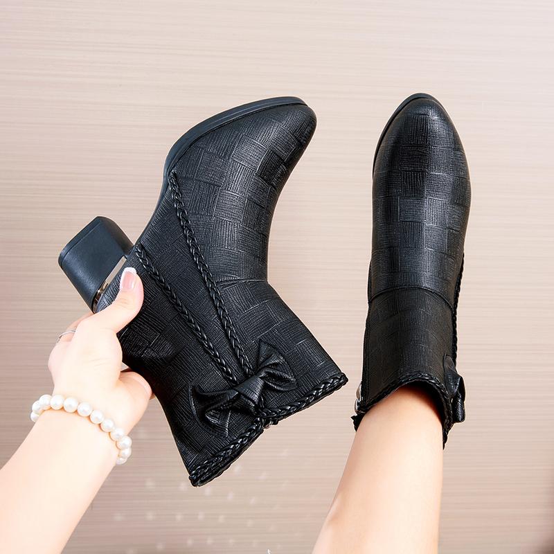 Fashion Women'S Boots Side Zipper Chunky Heel Ankle Boots Bow Pointed Toe Mid Heel Slimming Versatile Short Boots