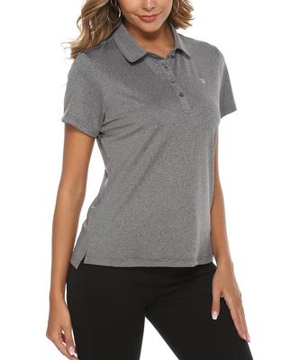 [Gopune] Women's Short-Sleeve Polo Shirt, Sweat-Wicking Quick-Dry Breathable UV-Cut, Stretch Collared Top for Golf Tennis Sports Casual (Gray, 2L)