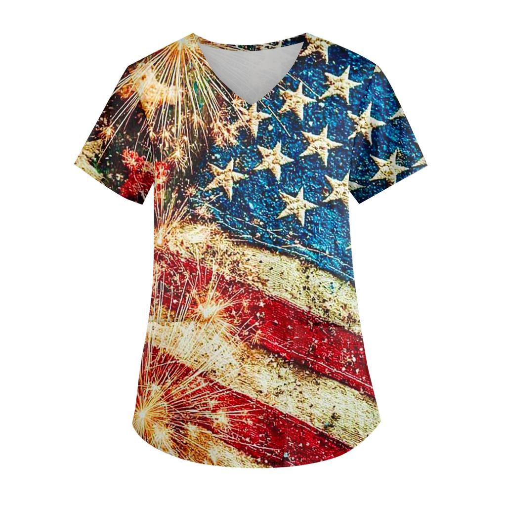 Ladies' Independence Day printed fashionable V-neck pocket short sleeved uniform and caregiver top