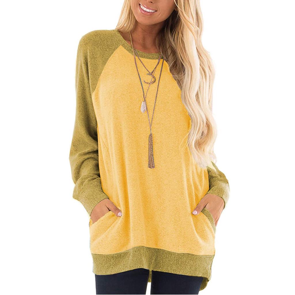 Fashion Patchwork Blouse Shirt Pockets O-Neck Tops Casual Autumn Winter Tops Ladies Female Women Long Sleeve Blusas Pullover