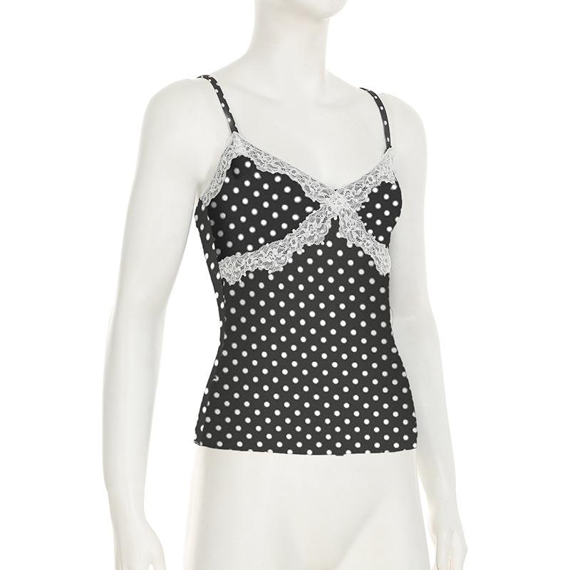Women's Lace Patchwork Bow Polka Dot Halter Spice Girl Color Contrast Sexy V Neck Waist Vest Top