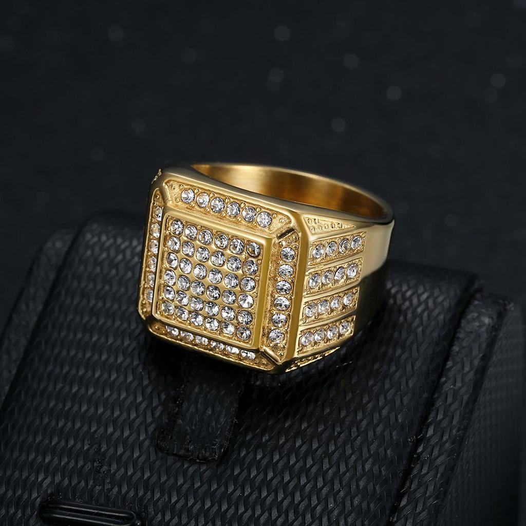 Luxury Full Rhinestone Vacuum Gold Plated Titanium Steel Hip Hop Men's Ring