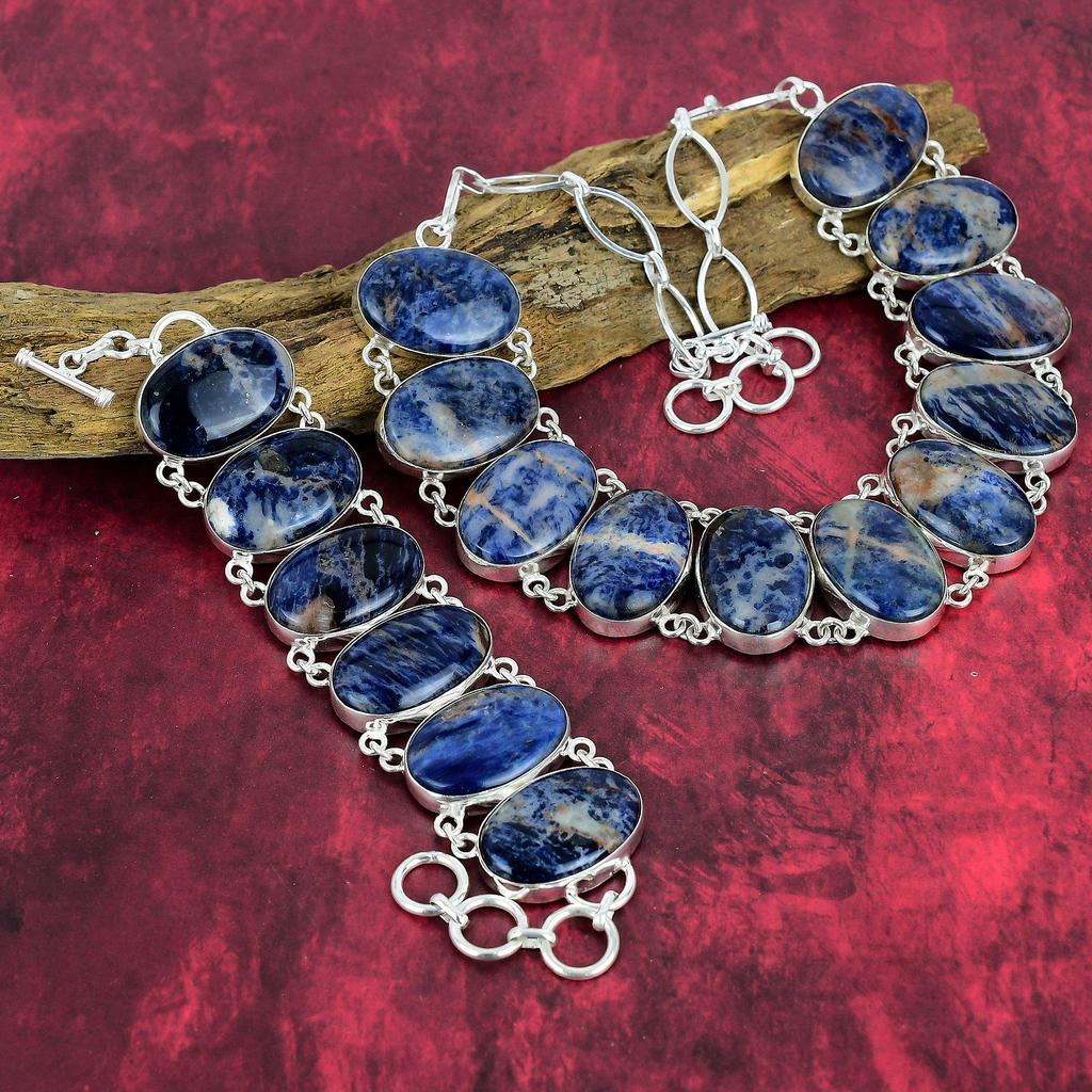 Sodalite Gemstone Jewelry, 925 Solid Sterling Silver Necklace & Bracelet Jewelry Set For Her, Handmade Adjustable Chain Natural Jewelry