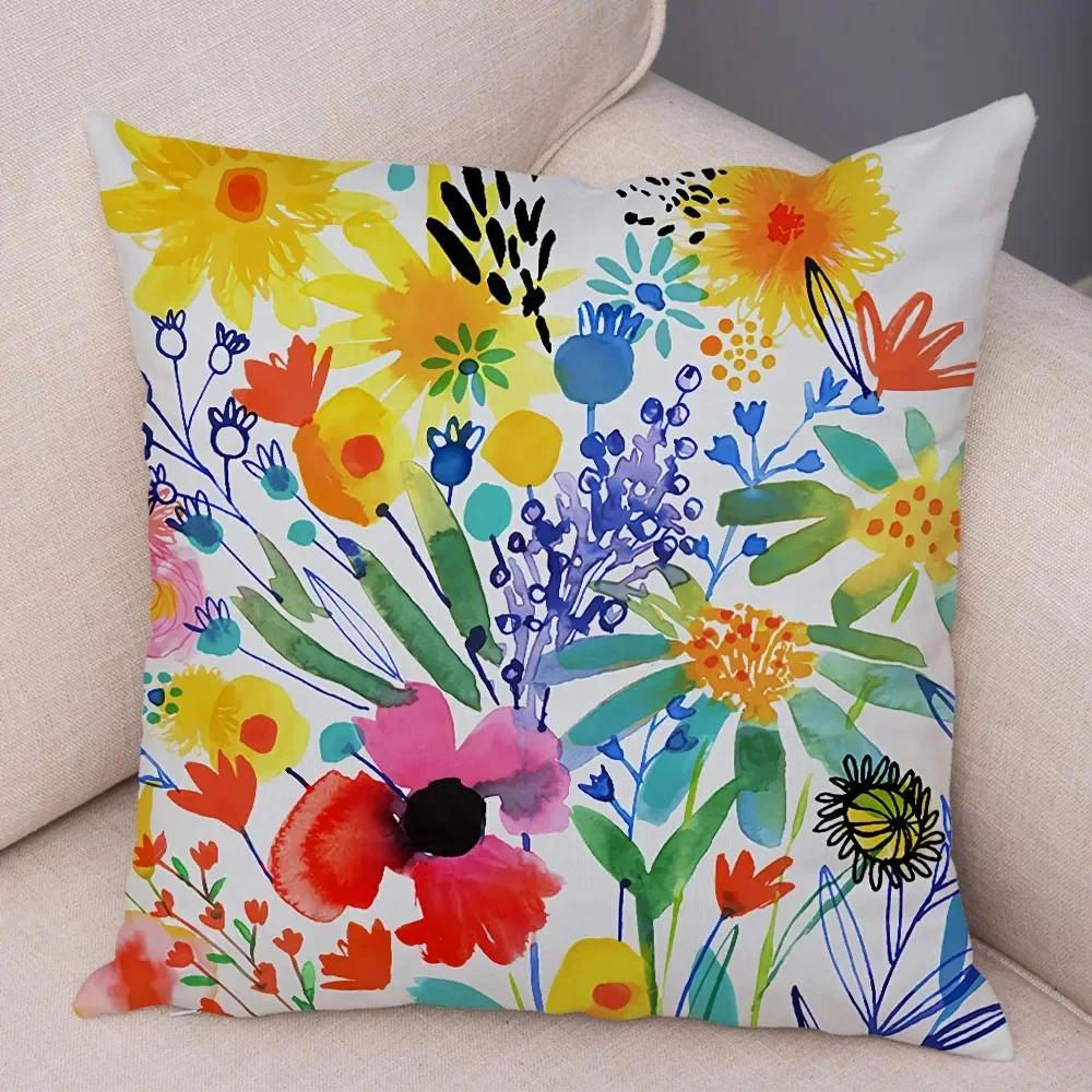 Watercolor Flower Leave Pillow Case Decor Colorful Plant Floal Cushion Cover for Sofa Home Car Soft Plush Pillowcase