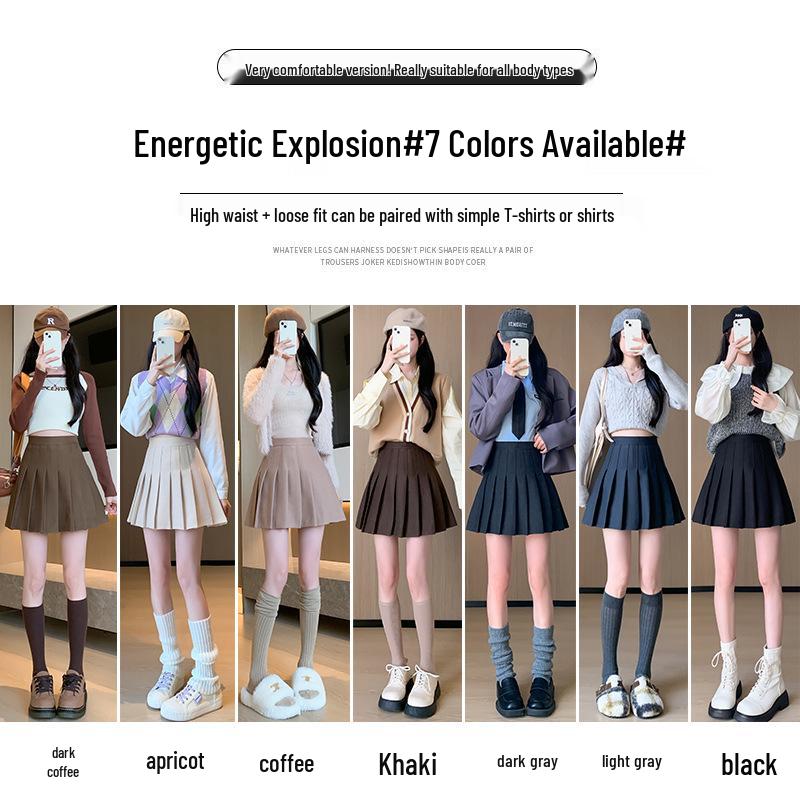 High-Waist A-Line Pleated Wool Skirt - Women's Autumn/Winter, Slim Fit, Plus Size, Korean Style, Short/Midi Length.