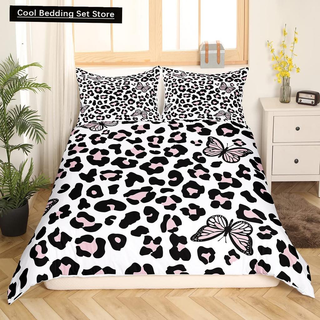 Pink Leopard King Queen Duvet Cover Girly Glitter Bedding Set Cheetah Skin Pattern Quilt Cover 2/3pcs Polyester Comforter Cover