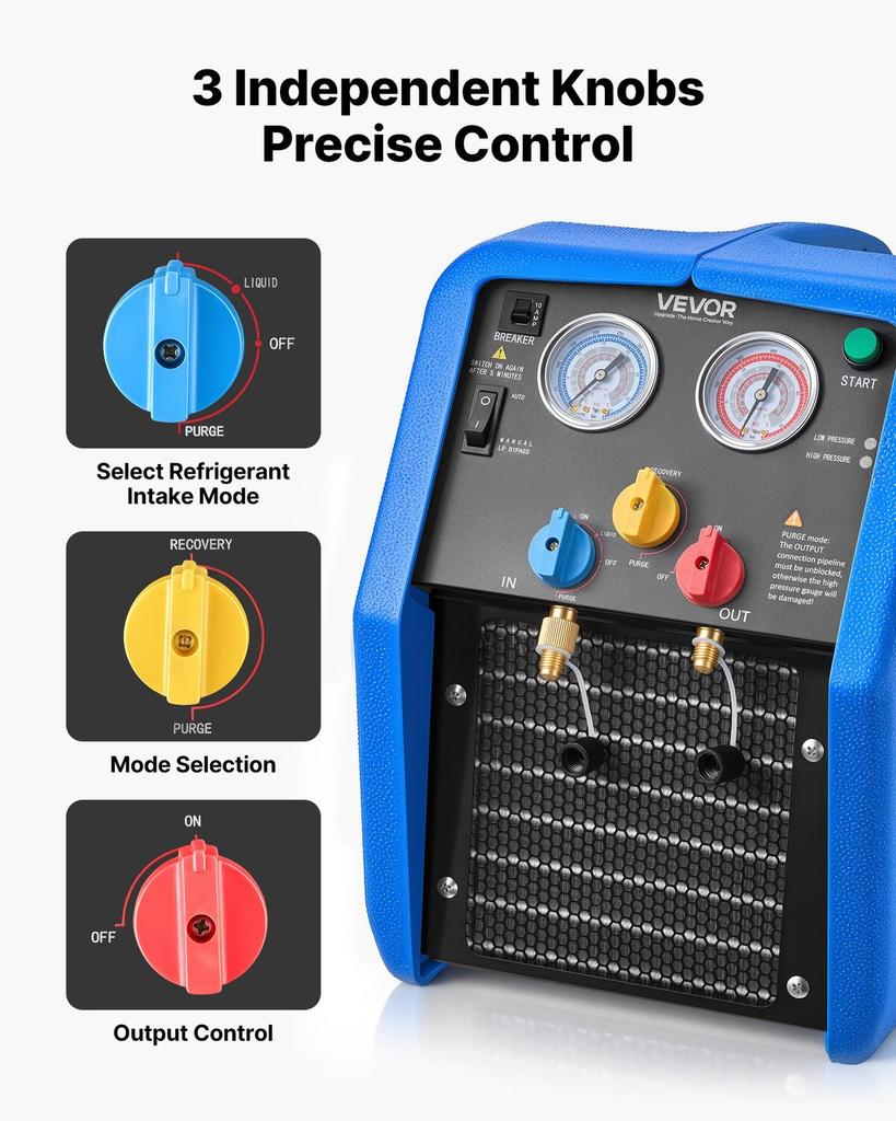Portable Refrigerant Recovery Machine, 3/4 HP 220V 50Hz Single Cylinder AC Recovery Machine for Liquid Vapor Refrigerant, 1450 RPM Recycling Unit HVAC
