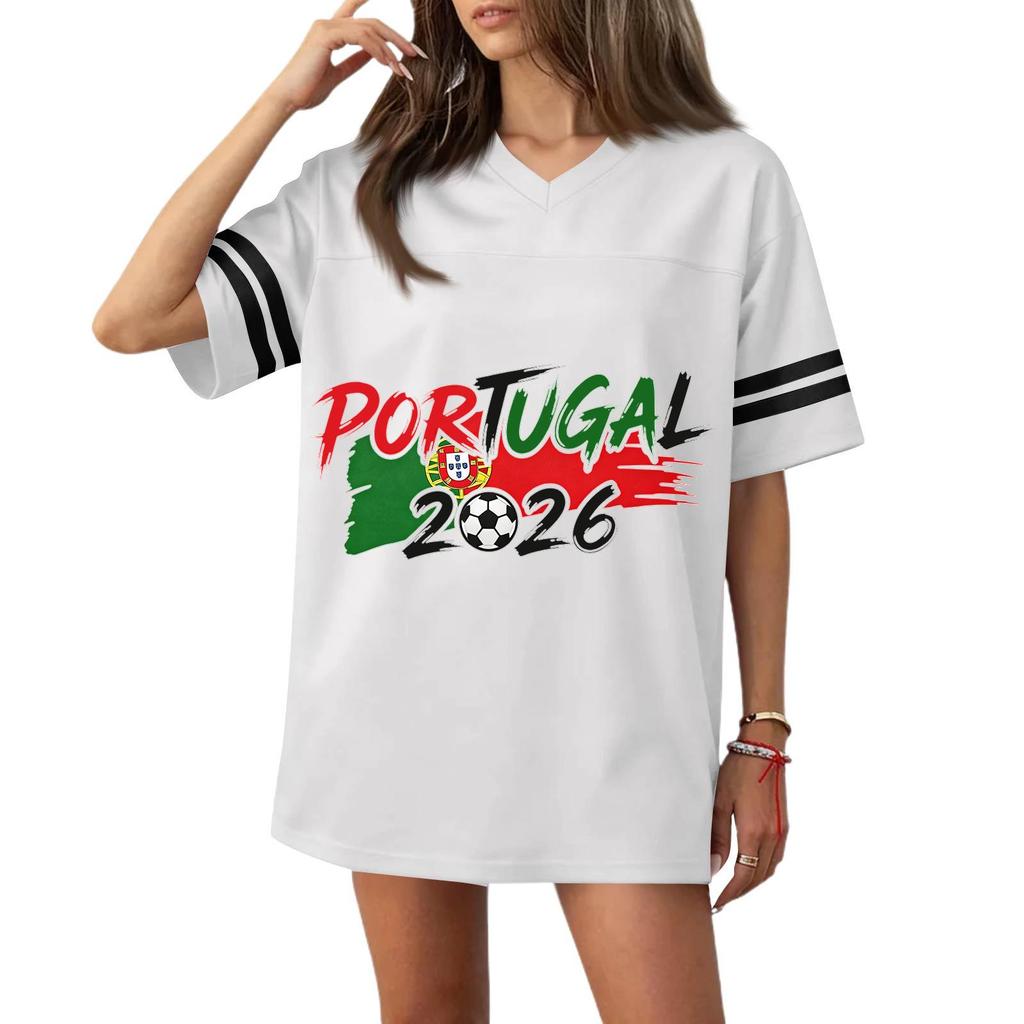 Damen Freizeit V-Ausschnitt Fußballtrikot-Stil Kurzarm T-Shirt mit Flaggen- und Fußball-Print für Sport und Freizeit