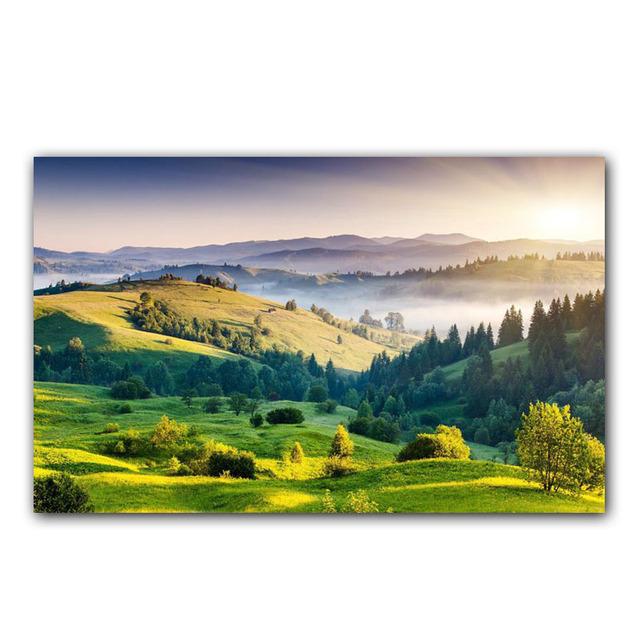Pittura su Tela Montagna Verde Paesaggio Scenari Naturali Foresta Raggi di Sole Poster Stampa Arte da Parete Immagine Soggiorno Decorazione Casa