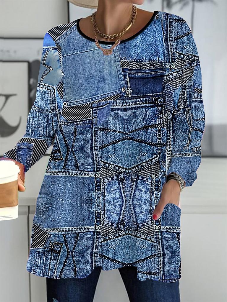 2025 Herbst Winter Neue Übergrößen Damen Oberteile, Cowboy 3D Druck Mode Rundhals Langarm T-Shirts