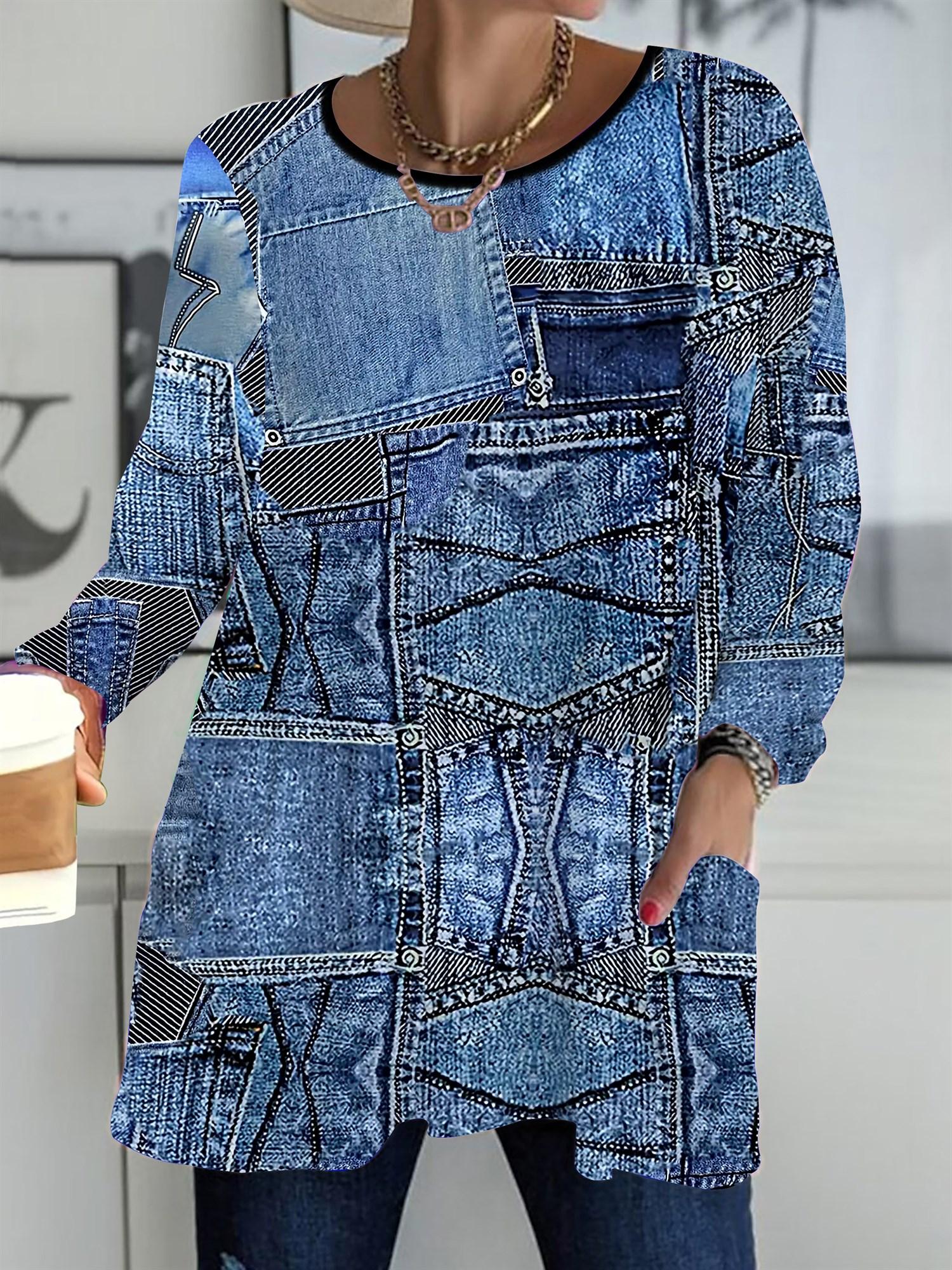 

2025 Autumn Winter New Plus Size Women s Tops, Cowboy 3D Print Fashion Crew Neck Long Sleeve T-Shirts 6XL синий