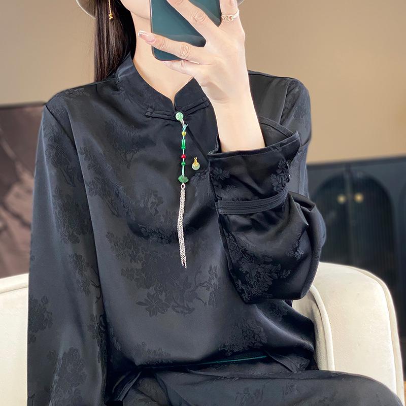 Silk Satin 2026 Spring/Summer Women's Floral Stand Collar Long Sleeve Top