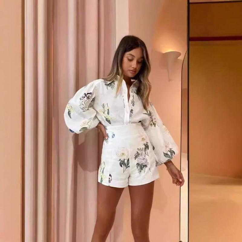 High Waist Shorts Fashion Shirt Linen Floral Print Casual Set Women