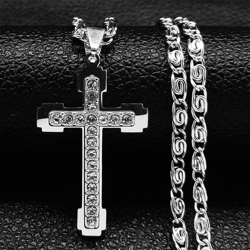 Stainless Steel Design Small-scale Diamond-encrusted Cross Pendant Necklace