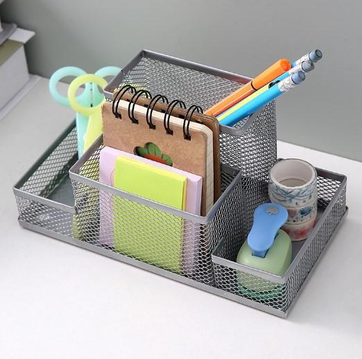 Mesh Desk Organizer Office Supplies Caddy with Pencil Holder and Storage Baskets for Desktop Accessories, 3 Compartments, Black