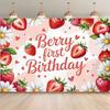 2D Pink Strawberry Themed Backdrop Sweet One First Birthday Celebration Photo Background