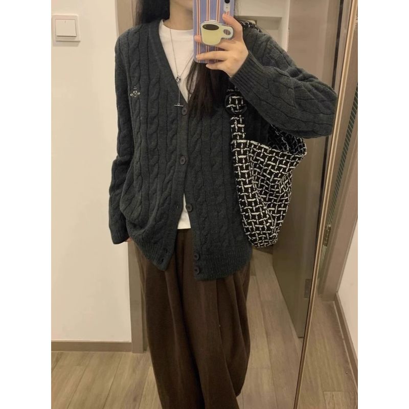 

Сатурн Вышитый Кардиган Мягкий Клейкий Вязаный Свитер с Воротником Косичкой Верхняя Одежда Grey S