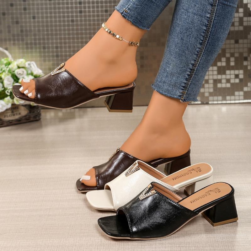 Women's Wide Width Single Strap Slides, Chunky Heel V-Decor Sandals, Outdoor Summer Slippers for Women
