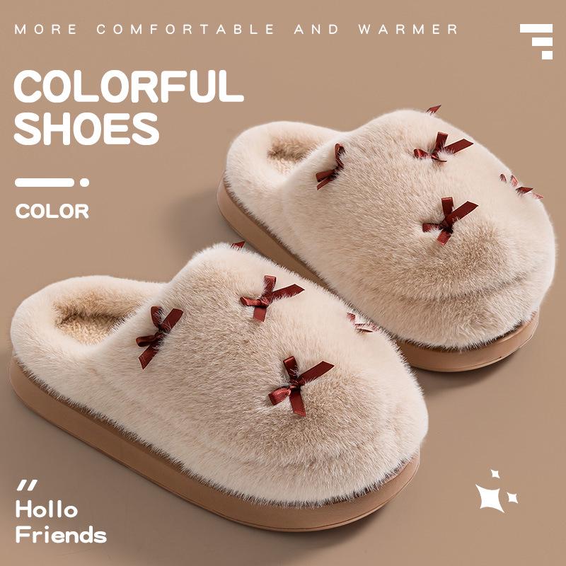 Women's Bowknot Plush Cotton Slippers - Thick, Warm, Non-slip Indoor Footwear for Autumn/Winter 2025