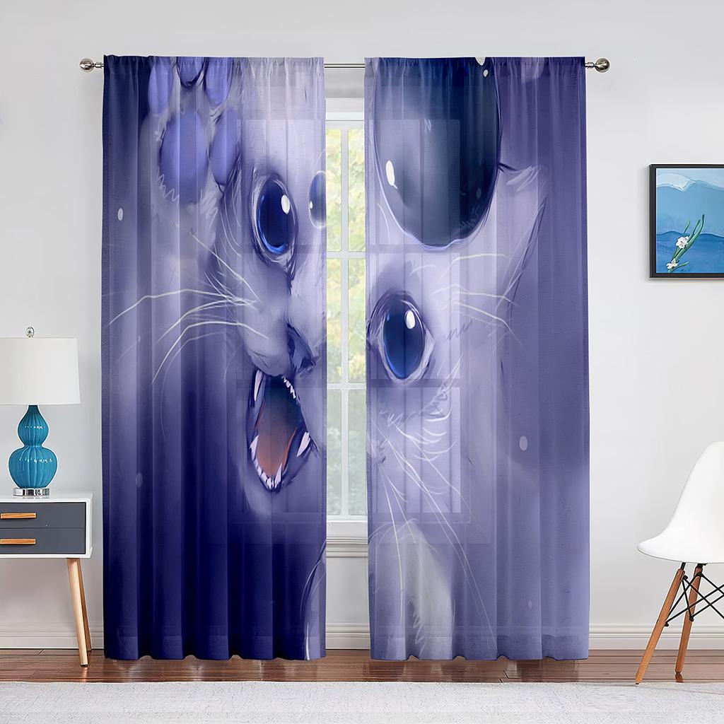 Niedliche Katze Goldfisch Fantasy Kunst Bunte Tüllvorhänge für Heimfensterdeko Schlafzimmer Küche Modern Chiffon Transparent Voile Vorhang