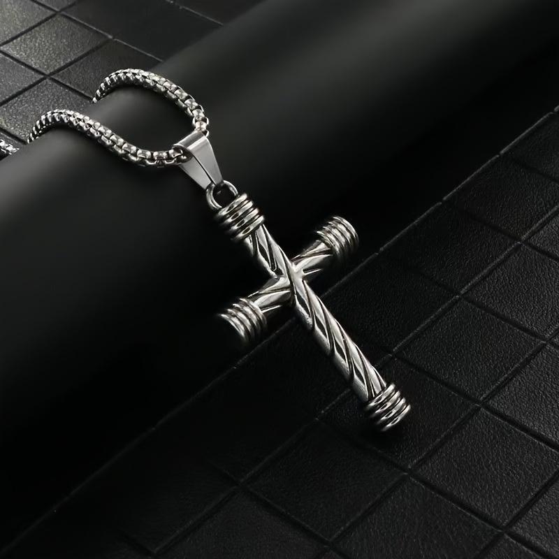 Simple Stainless Steel Necklace with Spiral Column Cross Pendant
