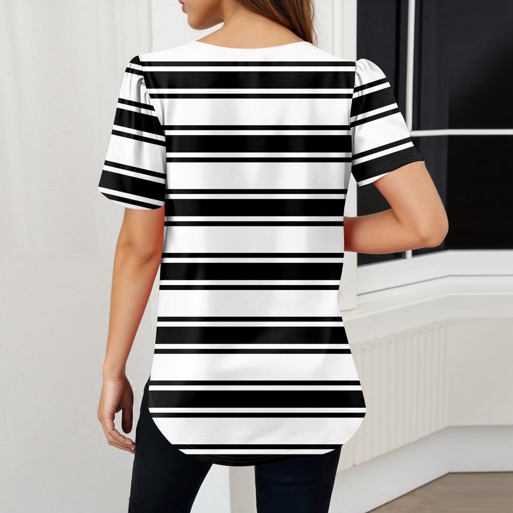 Women's Fashionable Casual Short Sleeve Print V-Neck Pullover Top