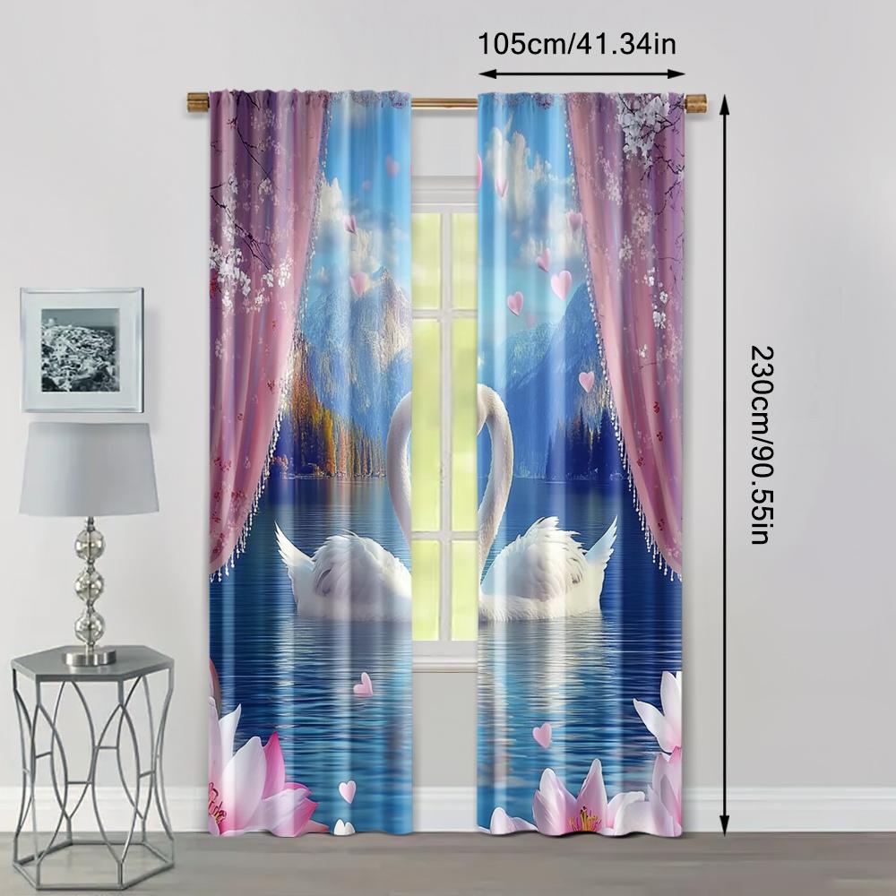 2pc,  Curtain Valentine's Day_ Swan Lake of Love Protecting Privacy Festive Wall Decor for Indoor Celebrations Decor