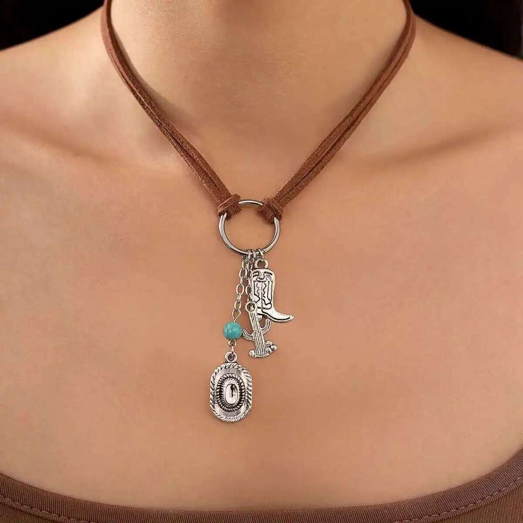 Salircon Classic Cowboy Hat Cactus Boots Pendant Necklace for Women  Vintage Charm Velvet Rope Choker Jewelry Gift New