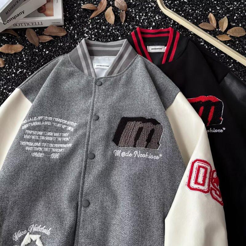 New American Style High Street Workwear Jacket for Men, Autumn Winter Casual Baseball Jacket, Trendy Retro Bomber Jacket for Couples