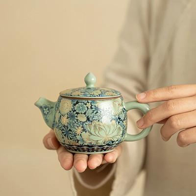 Ru Kiln Ceramic Teapot Gilded Peony Western Han Tile Pot Kung Fu Tea Set Household Tea Pot