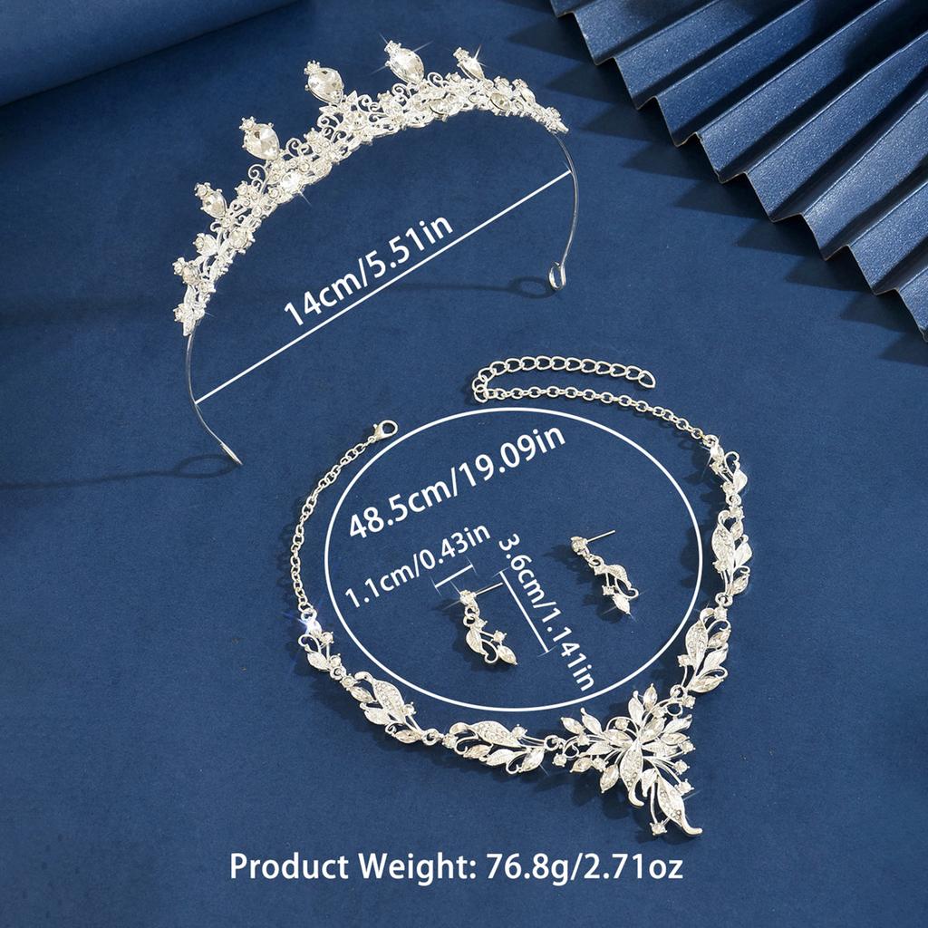 Ladies' Fashion Design Flower Necklace Earrings Crown Zircon Set Suitable for Wedding, Party, Festival Gifts