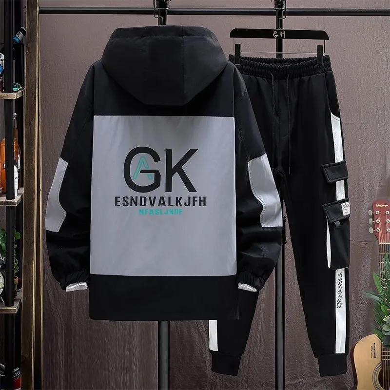 Men's Autumn Casual Sets Two Pieces Trend Hooded Jacket + Pants Spring Fashion Korean Baseball Uniform Suit Man Outfit