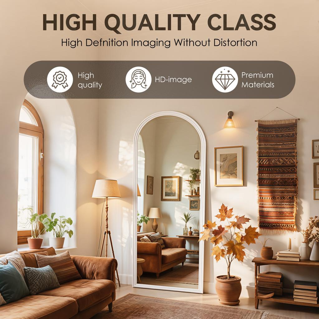 Arched Full-Length Mirror with Wooden Frame in White, 160 x 50 cm, Adjustable Metal Stand, Suitable for Residential and Commercial Spaces