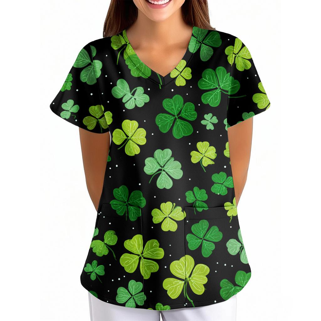 Women's  Printed Loose V-Neck Pocket Short-Sleeve Uniform