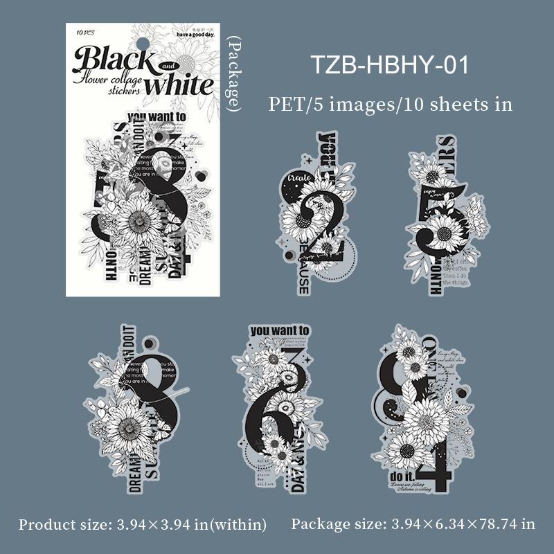 JIANWU Black and White Flower Shadow Series Vintage Butterfly Landscape Material Collage PET Sticker Creative Journal Stationery