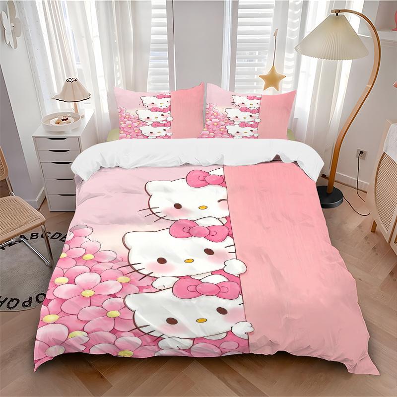 3pcs Three Pink Hello Kitty Design Printed Bedding Set, Soft and Comfortable Quilt Cover for Bedroom, Guest Room (Not Included).W104