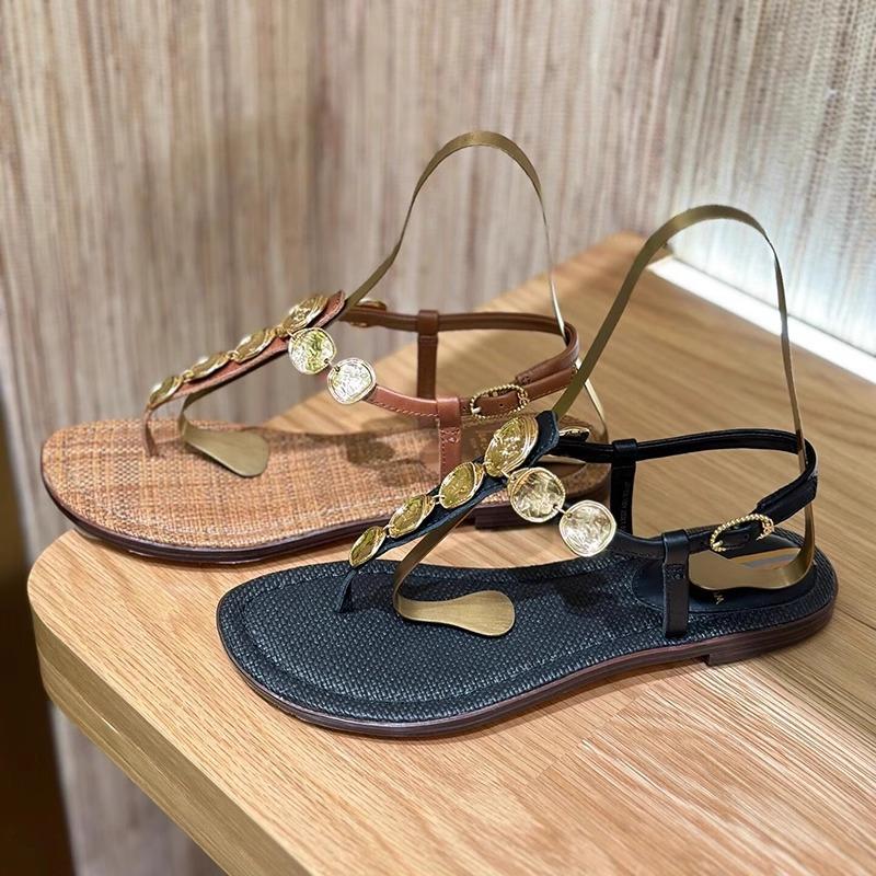 Bohemian toe herringbone sandals women's 2025 summer new one-word buckle outer wear Roman sandals