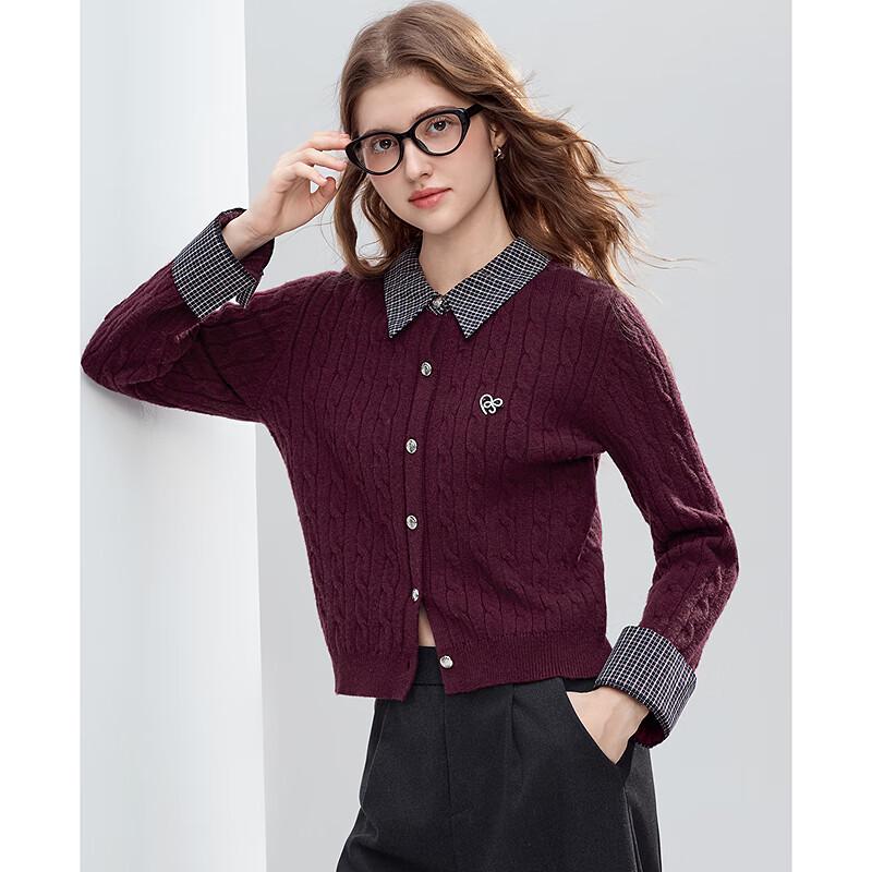 Betu Women's 2025 Winter Plaid Patchwork Turn-Down Collar Fake Two-Piece Sweater