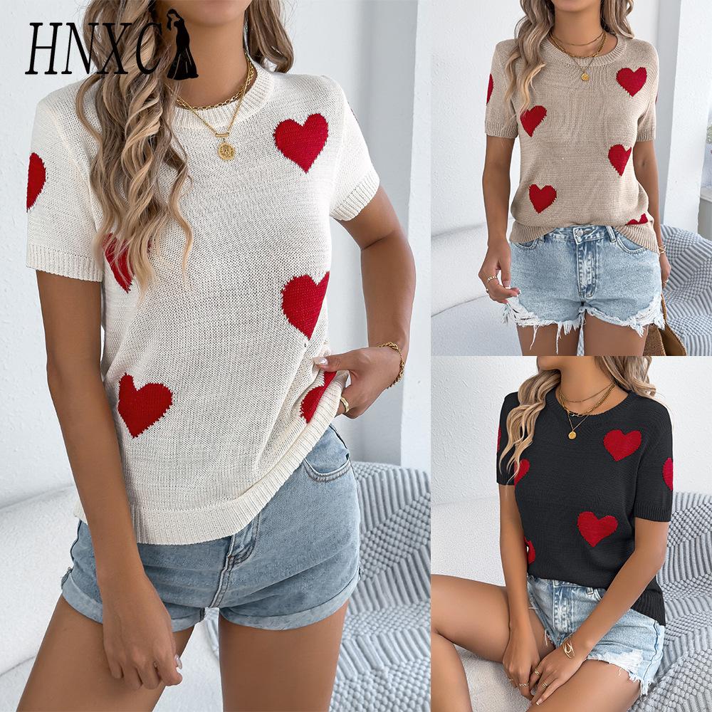 HNXC Spring Summer Casual Color-blocking Heart-shaped Short-sleeved Knitted Sweater for Valentine's Day Women's Wear