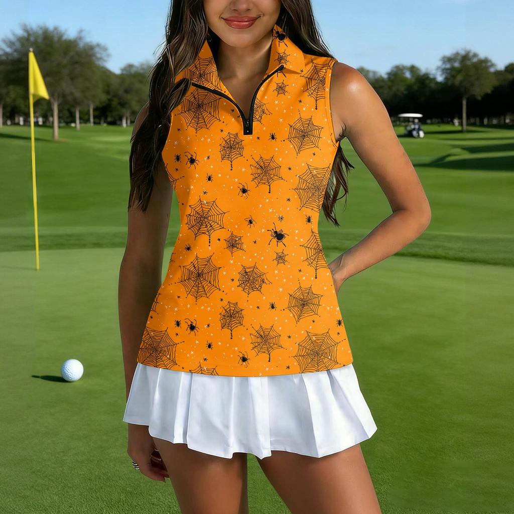 Women's Sleeveless Golf Shirt with Zipper and Halloween Print for Casual Sports Wear