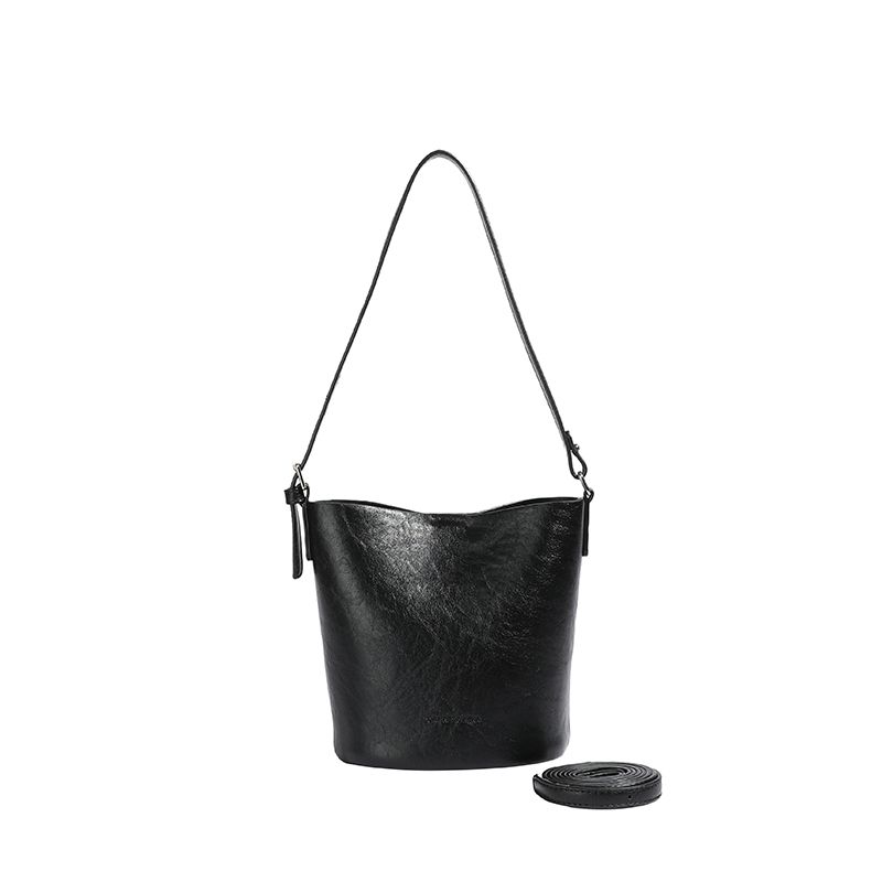 

Fashionable Retro Commute Leisure Easiest for Match Niche Bucket Bag Black small size (double shoulder straps)