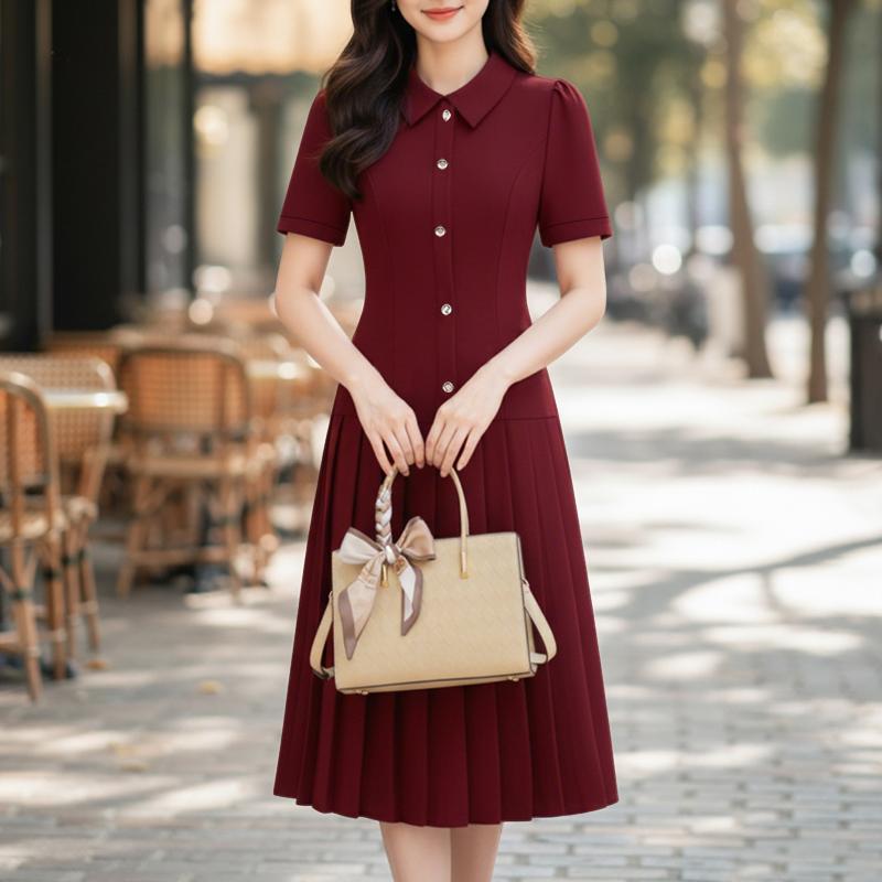 

ZANZEA Women Casual Turn Down Collar Short Sleeve Pleated Hem Dress S вино красного