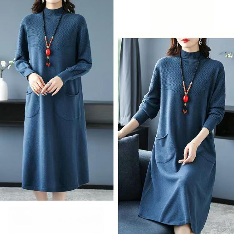 Solid Color Half Turtleneck Mid-length Knitted Dress for Women Long-sleeved Pullover Warm Winter Women's Sweater Dress