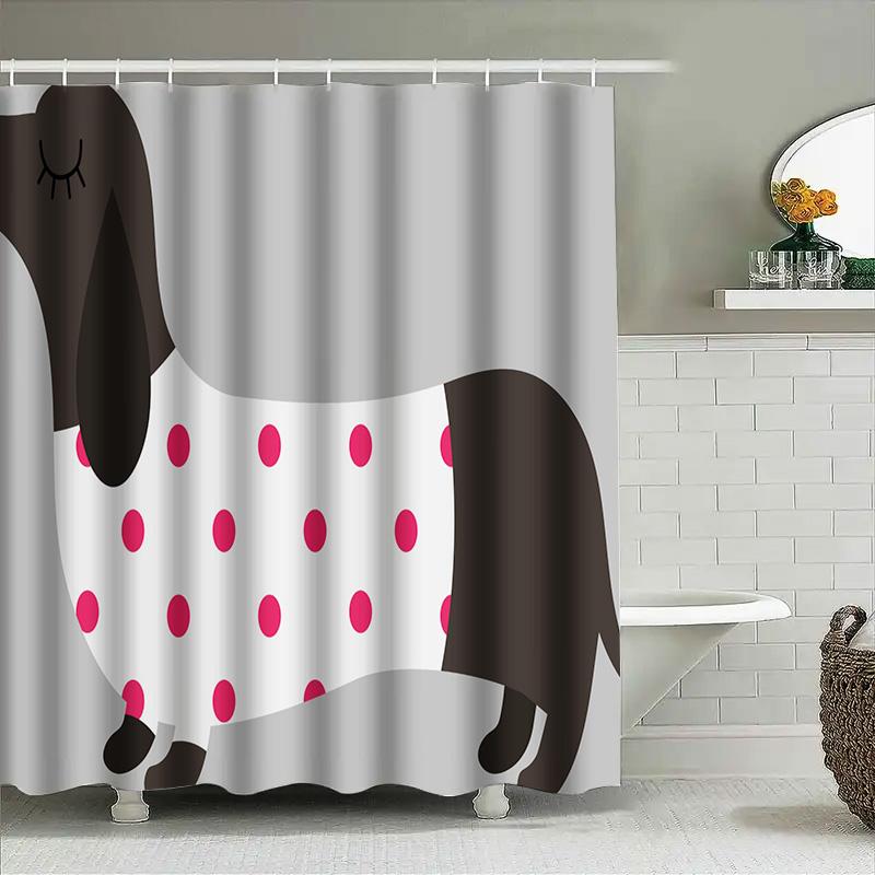 Animal-Themed Shower Curtain Waterproof Bathroom Decor Black White Dog Design With Pink Polka Dots On White Bath Mat Shower Curt